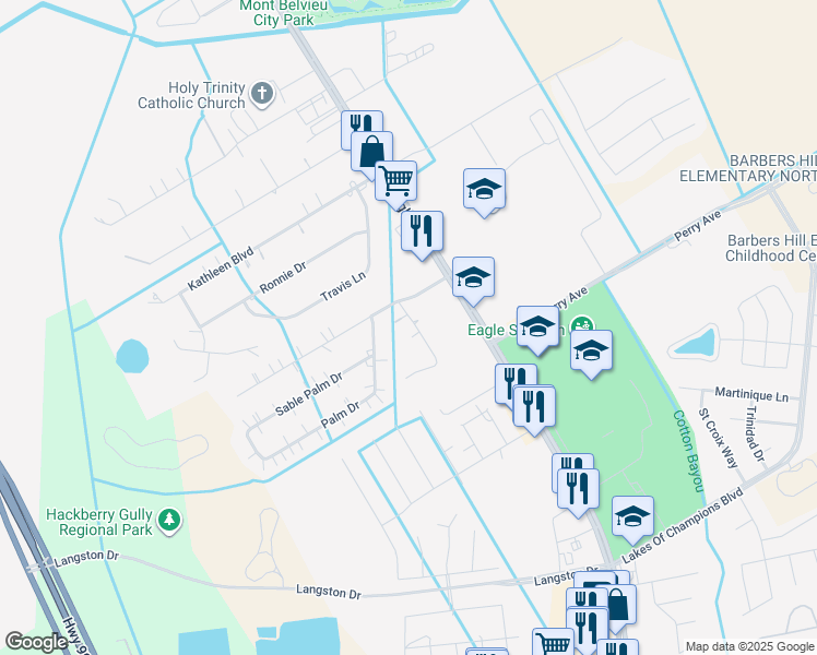 map of restaurants, bars, coffee shops, grocery stores, and more near 3419 Date Palm Court in Mont Belvieu
