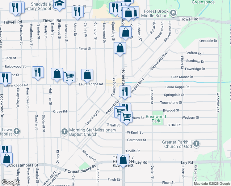 map of restaurants, bars, coffee shops, grocery stores, and more near 8710 Spaulding Street in Houston