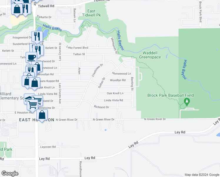 map of restaurants, bars, coffee shops, grocery stores, and more near 9230 Laura Koppe Road in Houston