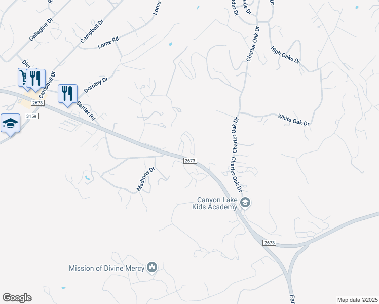 map of restaurants, bars, coffee shops, grocery stores, and more near 7106 Farm to Market Road 2673 in Canyon Lake