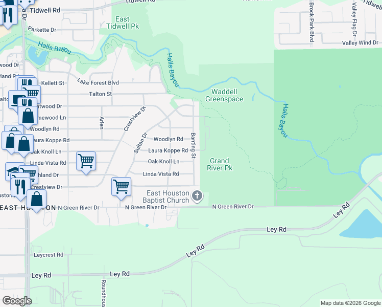 map of restaurants, bars, coffee shops, grocery stores, and more near 9330 Laura Koppe Road in Houston
