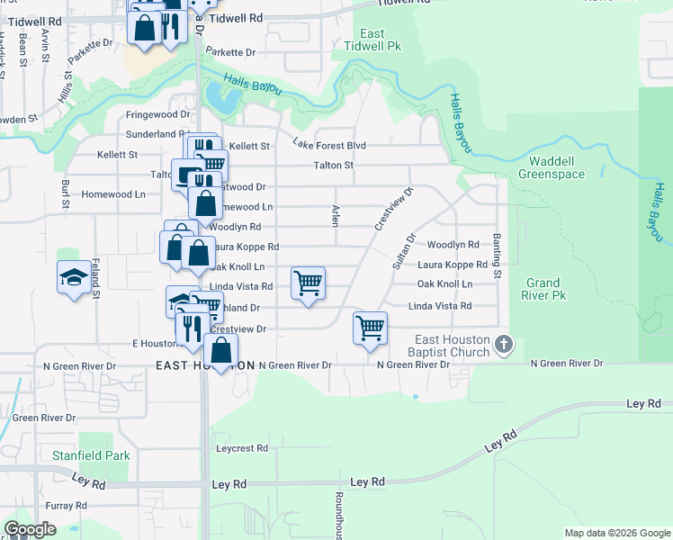 map of restaurants, bars, coffee shops, grocery stores, and more near 9118 Oak Knoll Lane in Houston