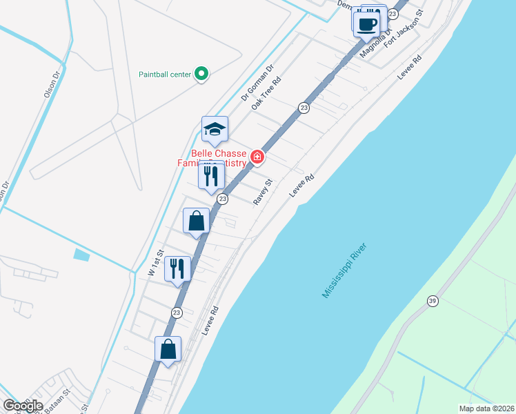 map of restaurants, bars, coffee shops, grocery stores, and more near 122 Ravey Street in Belle Chasse