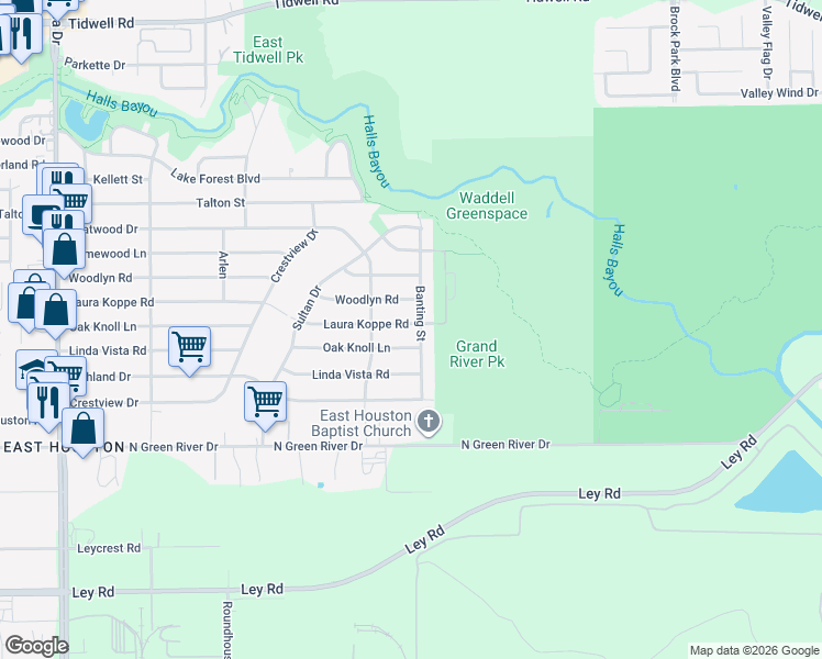 map of restaurants, bars, coffee shops, grocery stores, and more near 9330 Laura Koppe Road in Houston