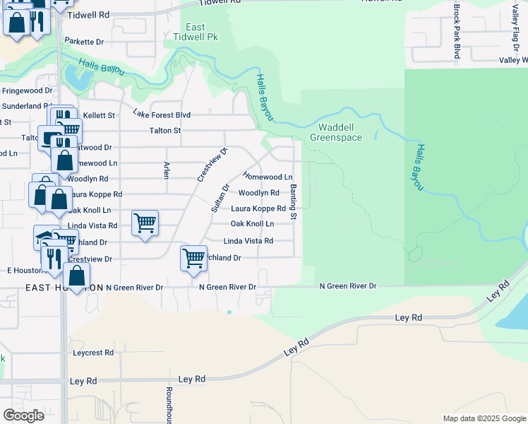map of restaurants, bars, coffee shops, grocery stores, and more near 9302 Laura Koppe Road in Houston