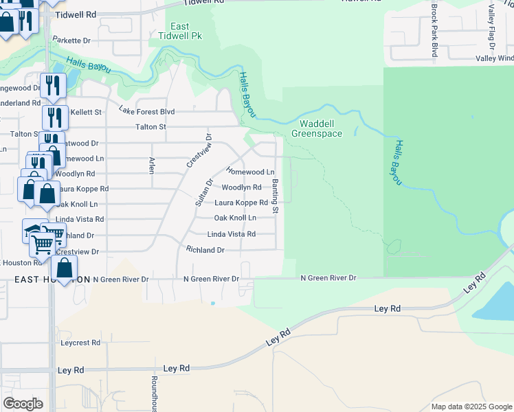 map of restaurants, bars, coffee shops, grocery stores, and more near 9314 Laura Koppe Road in Houston