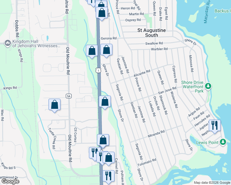 map of restaurants, bars, coffee shops, grocery stores, and more near 428 Segovia Road in St. Augustine