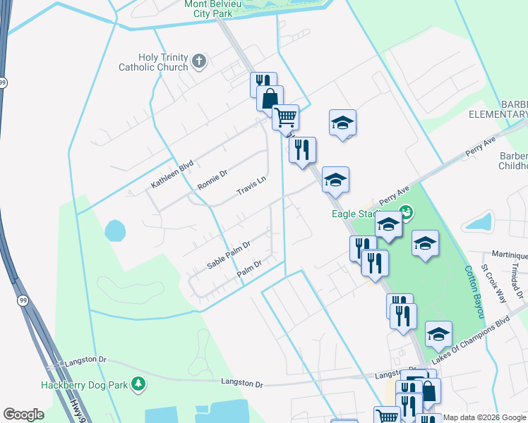map of restaurants, bars, coffee shops, grocery stores, and more near 10127 Palm Drive in Baytown
