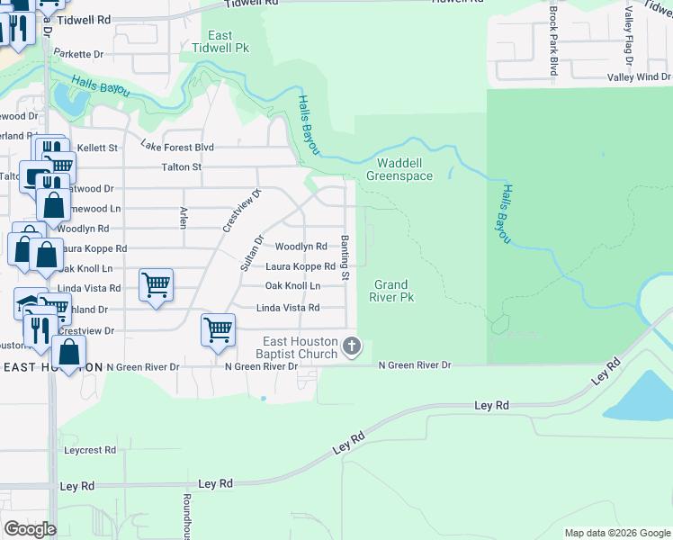 map of restaurants, bars, coffee shops, grocery stores, and more near 9330 Laura Koppe Road in Houston