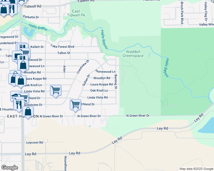 map of restaurants, bars, coffee shops, grocery stores, and more near 9302 Laura Koppe Road in Houston