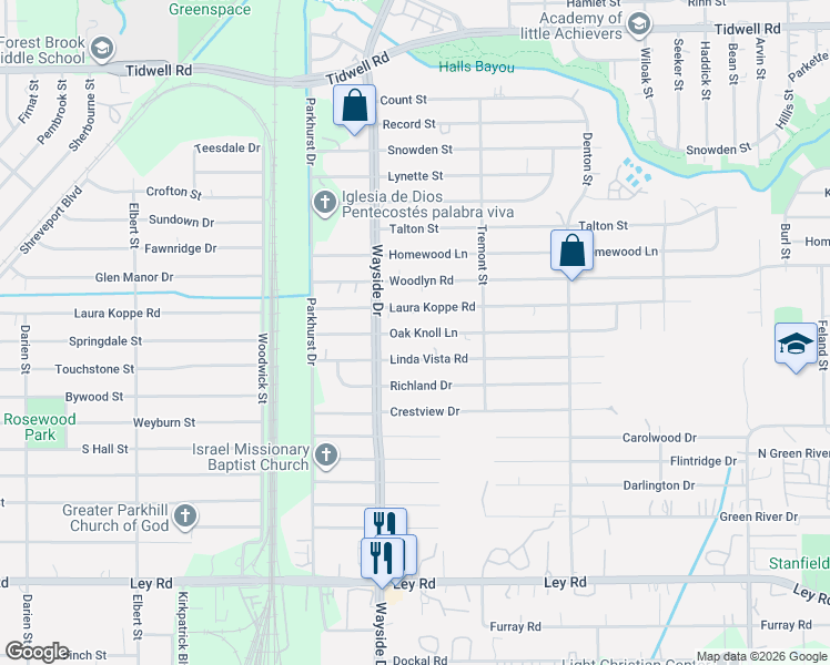 map of restaurants, bars, coffee shops, grocery stores, and more near 7930 Oak Knoll Lane in Houston