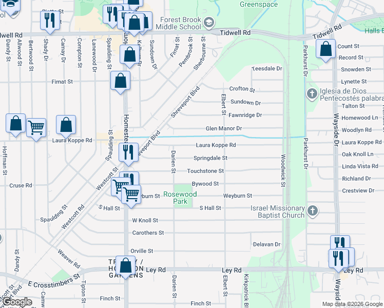 map of restaurants, bars, coffee shops, grocery stores, and more near 7329 Springdale Street in Houston