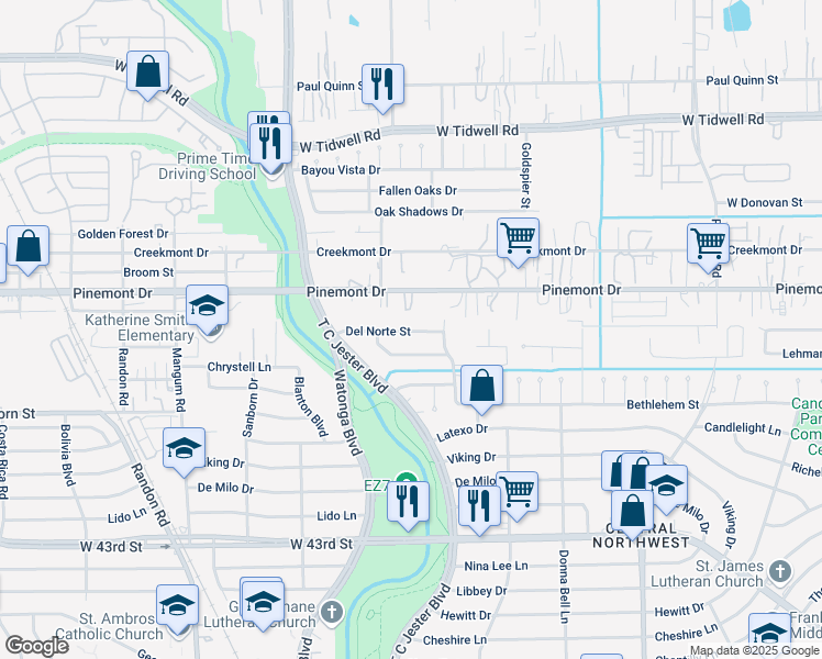 map of restaurants, bars, coffee shops, grocery stores, and more near 2403 Del Norte Street in Houston