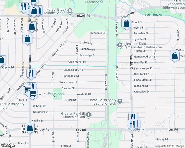 map of restaurants, bars, coffee shops, grocery stores, and more near 7617 Springdale Street in Houston