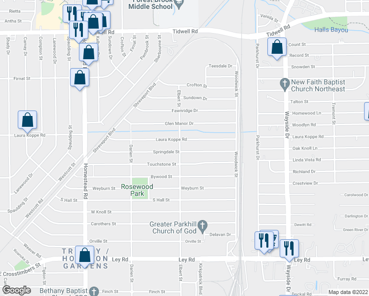 map of restaurants, bars, coffee shops, grocery stores, and more near 7505 Springdale Street in Houston
