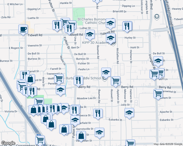 map of restaurants, bars, coffee shops, grocery stores, and more near 206 North Native Lane in Houston