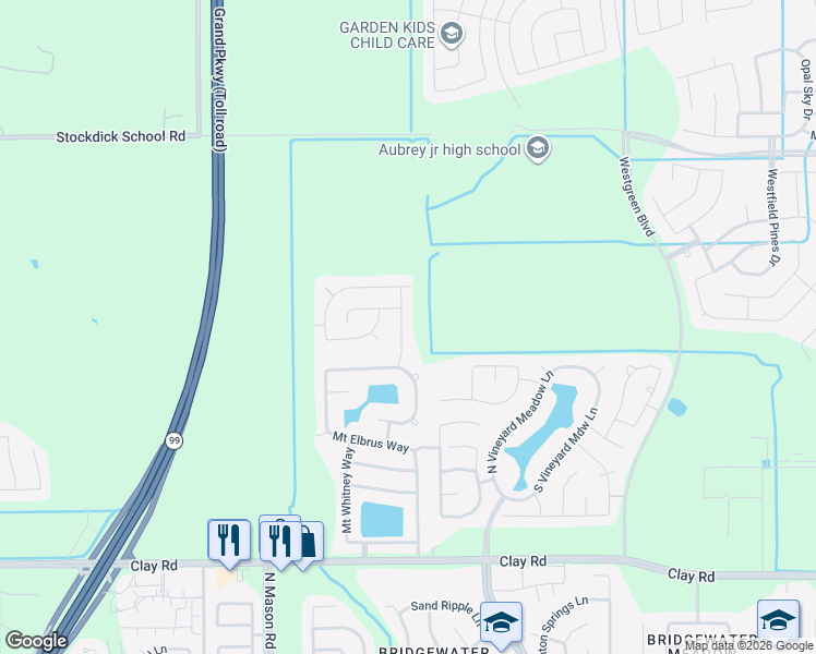 map of restaurants, bars, coffee shops, grocery stores, and more near 4431 Wheeler Peak Way in Katy