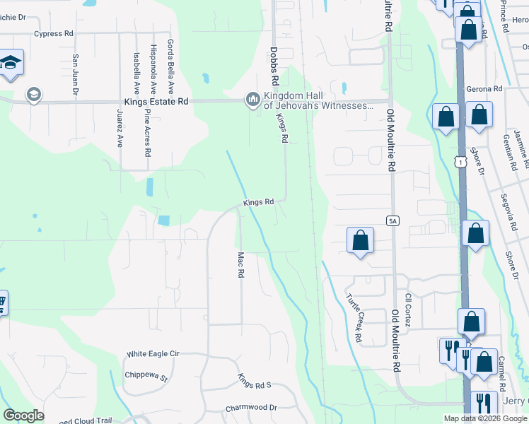 map of restaurants, bars, coffee shops, grocery stores, and more near 2950 Kings Road in St. Augustine