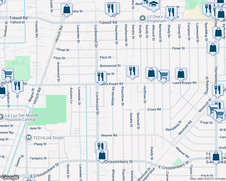 map of restaurants, bars, coffee shops, grocery stores, and more near 8705 Peachtree Street in Houston
