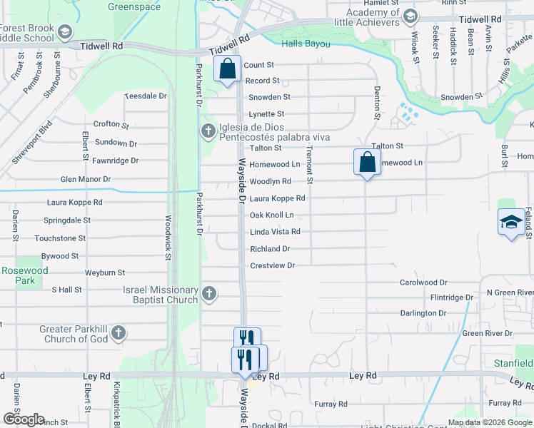 map of restaurants, bars, coffee shops, grocery stores, and more near 7930 Oak Knoll Lane in Houston