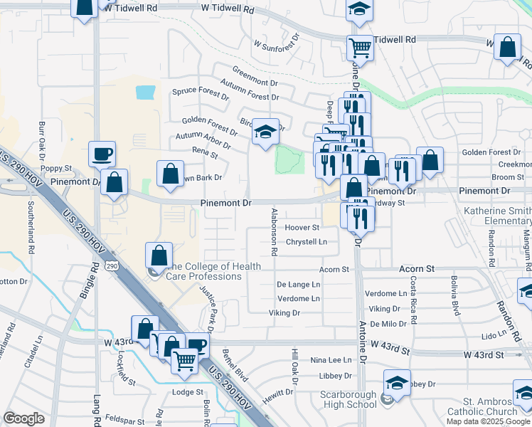 map of restaurants, bars, coffee shops, grocery stores, and more near 5139 Alabonson Road in Houston