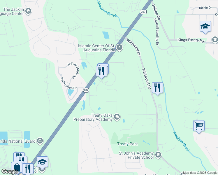 map of restaurants, bars, coffee shops, grocery stores, and more near 2000 State Road 207 in St. Augustine