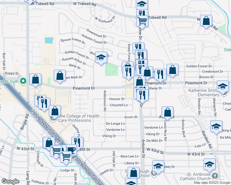 map of restaurants, bars, coffee shops, grocery stores, and more near 5802 Hoover Street in Houston