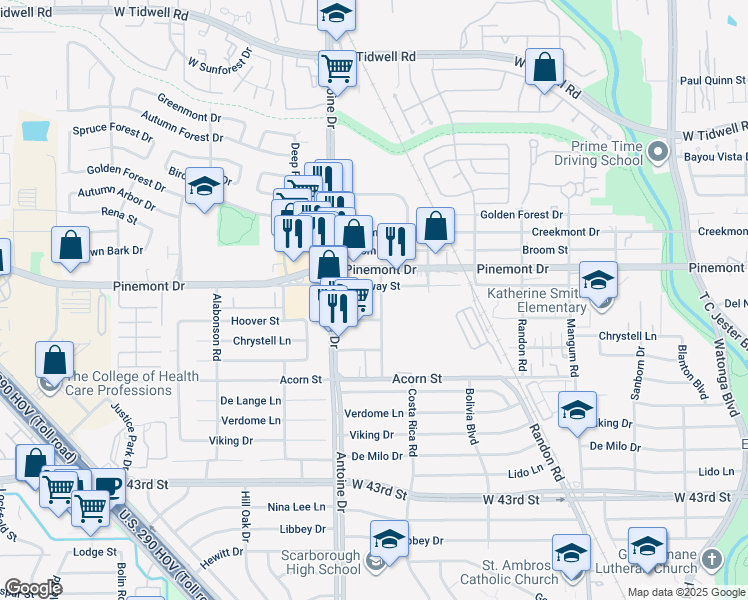 map of restaurants, bars, coffee shops, grocery stores, and more near 5608 Hoover Street in Houston