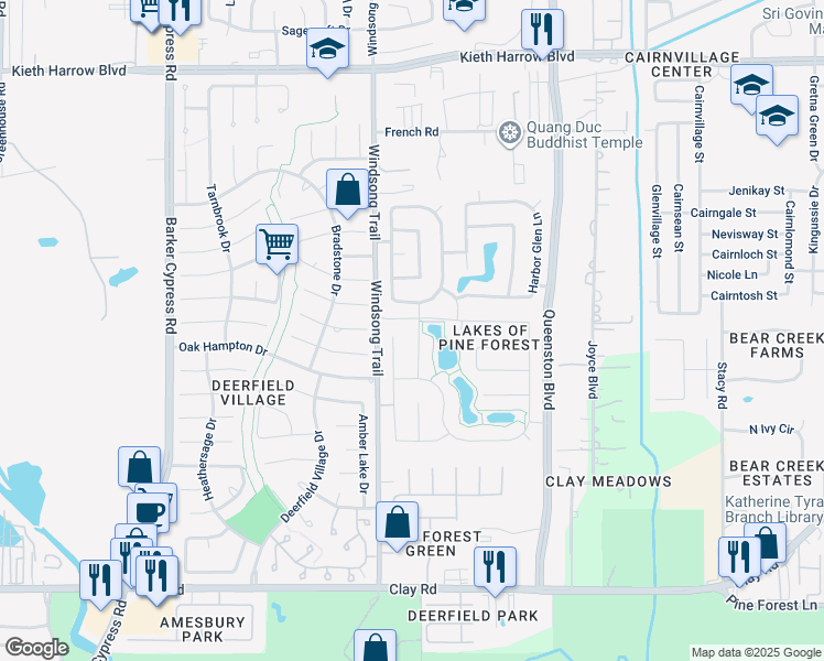 map of restaurants, bars, coffee shops, grocery stores, and more near 4735 Tahoe Canyon Lane in Houston