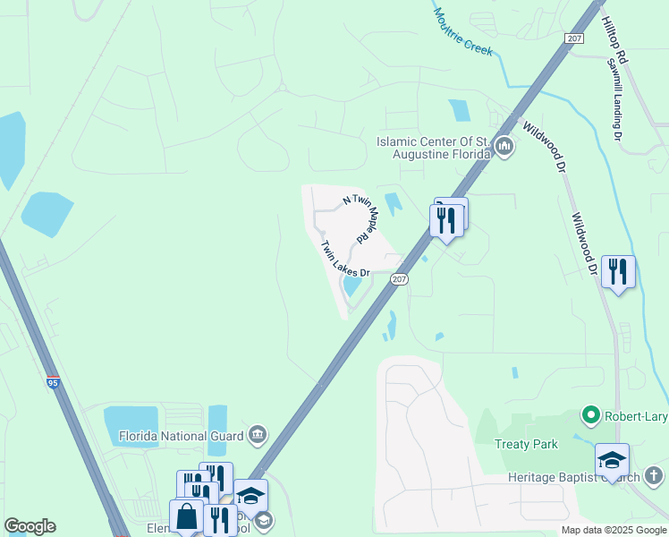 map of restaurants, bars, coffee shops, grocery stores, and more near 185 Twin Lakes Drive in St. Augustine