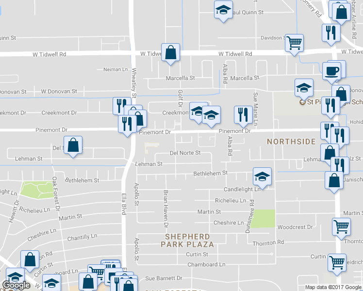 map of restaurants, bars, coffee shops, grocery stores, and more near 1147 Eden Park Lane in Houston