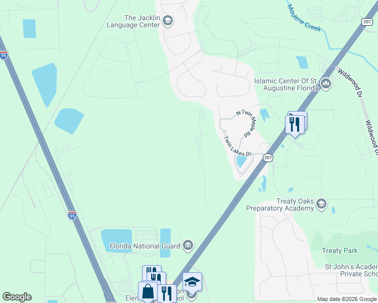 map of restaurants, bars, coffee shops, grocery stores, and more near 241 Twin Lakes Drive in St. Augustine