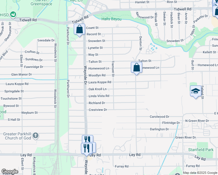 map of restaurants, bars, coffee shops, grocery stores, and more near 8018 Oak Knoll Lane in Houston