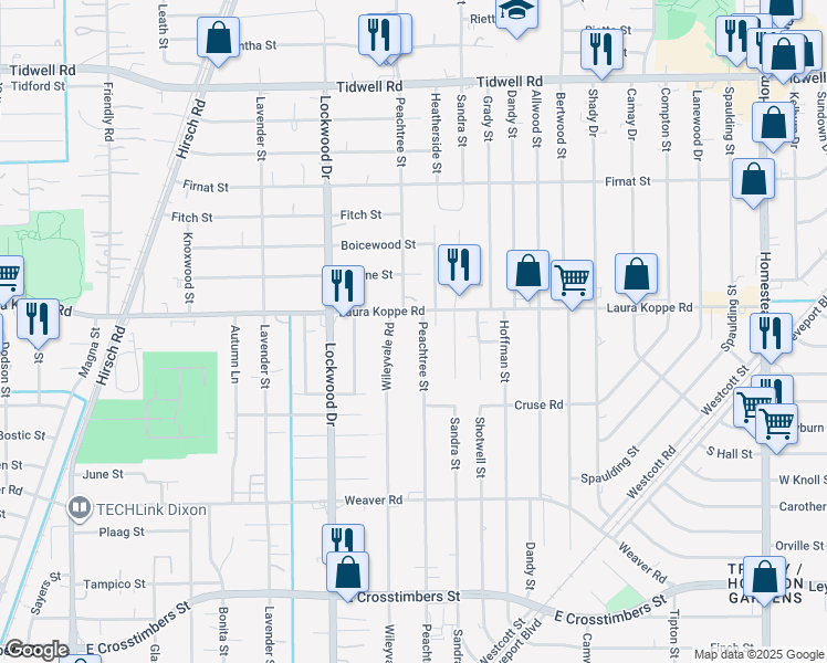 map of restaurants, bars, coffee shops, grocery stores, and more near 8705 Peachtree Street in Houston