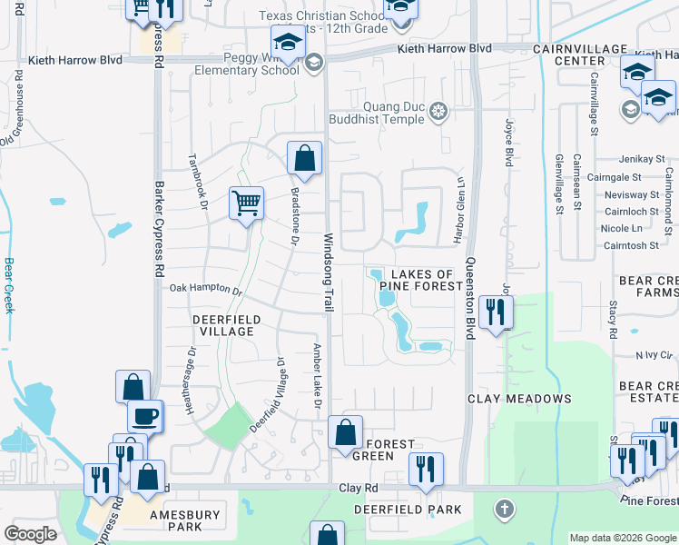 map of restaurants, bars, coffee shops, grocery stores, and more near 4739 Autumn Pine Lane in Houston