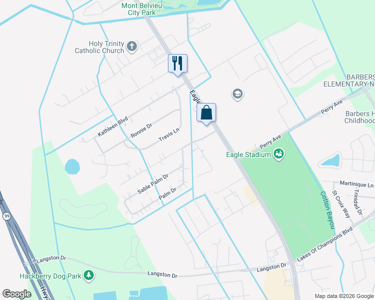 map of restaurants, bars, coffee shops, grocery stores, and more near 10127 Palm Drive in Baytown