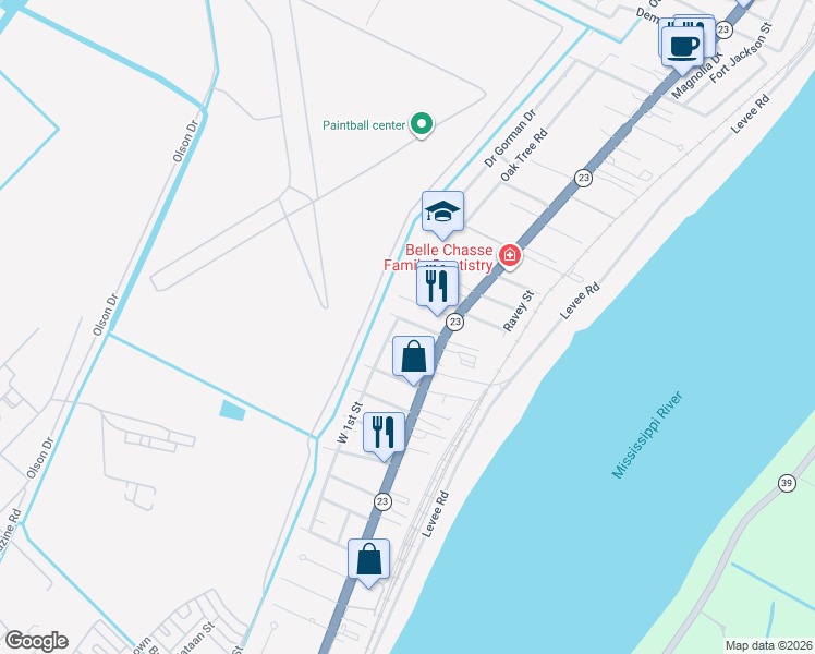 map of restaurants, bars, coffee shops, grocery stores, and more near 115 Concession Street in Belle Chasse