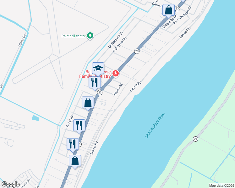 map of restaurants, bars, coffee shops, grocery stores, and more near 122 Ravey Street in Belle Chasse