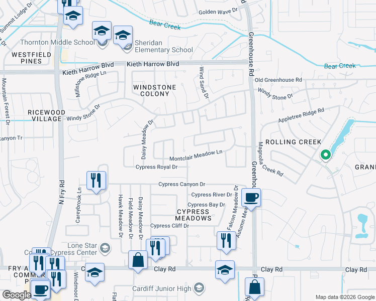 map of restaurants, bars, coffee shops, grocery stores, and more near 4710 Windy Cypress Court in Katy
