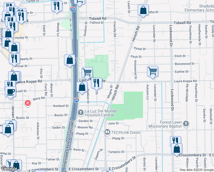 map of restaurants, bars, coffee shops, grocery stores, and more near 8718 Magna Street in Houston