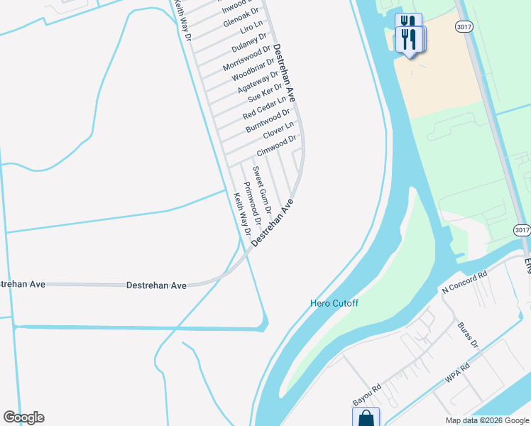 map of restaurants, bars, coffee shops, grocery stores, and more near 3185 Primwood Drive in Harvey