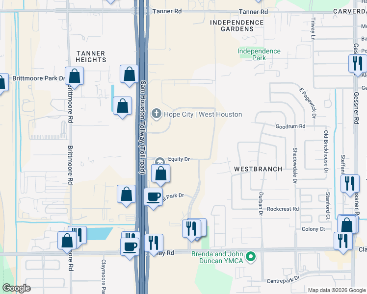 map of restaurants, bars, coffee shops, grocery stores, and more near 11000 Equity Drive in Houston