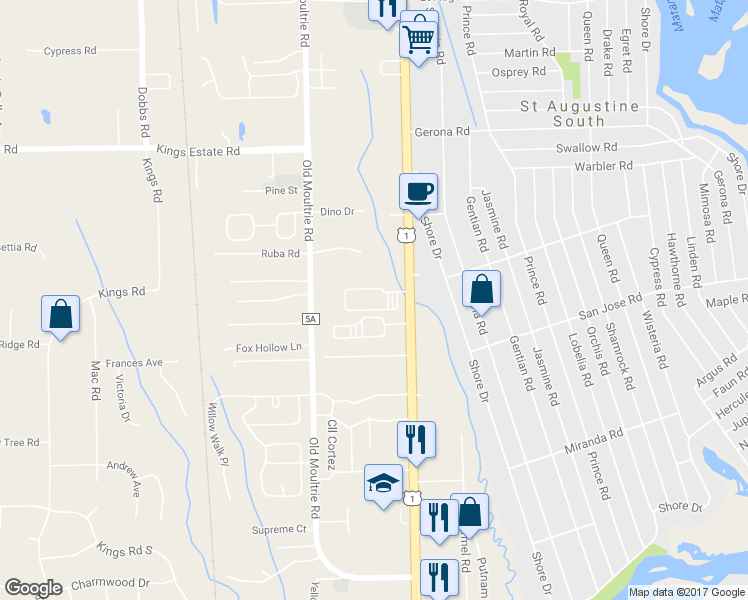 map of restaurants, bars, coffee shops, grocery stores, and more near 2925 U.S. 1 in Saint Augustine