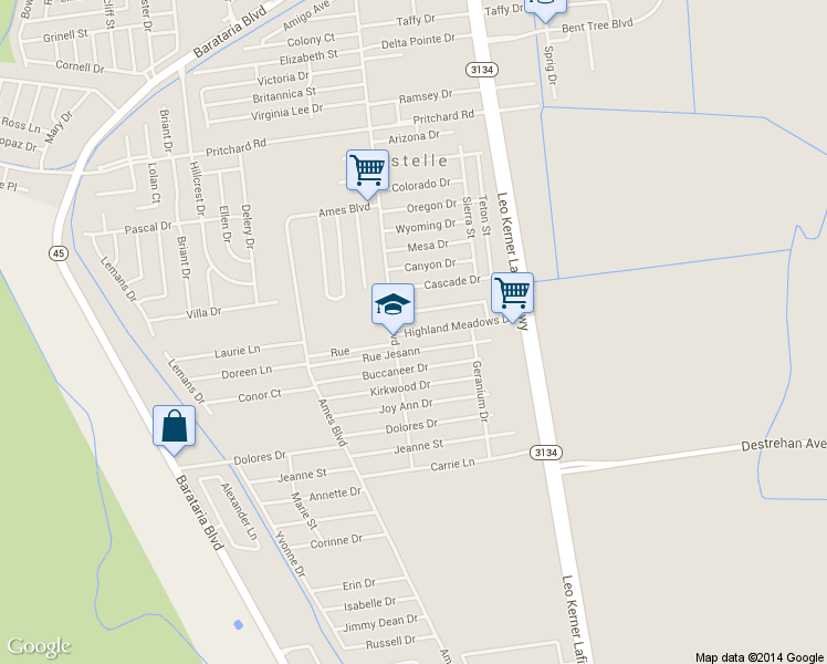 map of restaurants, bars, coffee shops, grocery stores, and more near 2621 Highland Meadows Drive in Marrero