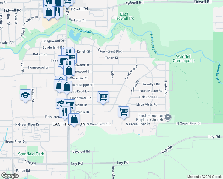 map of restaurants, bars, coffee shops, grocery stores, and more near 9114 Oak Knoll Lane in Houston