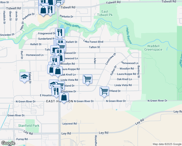 map of restaurants, bars, coffee shops, grocery stores, and more near 9114 Oak Knoll Lane in Houston