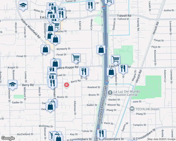 map of restaurants, bars, coffee shops, grocery stores, and more near 8802 Manus Street in Houston