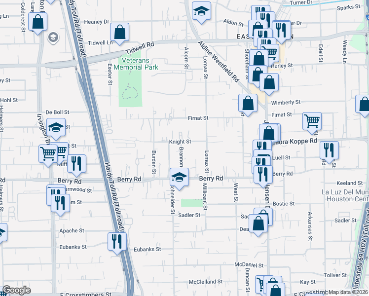 map of restaurants, bars, coffee shops, grocery stores, and more near 8709 Brannon Street in Houston
