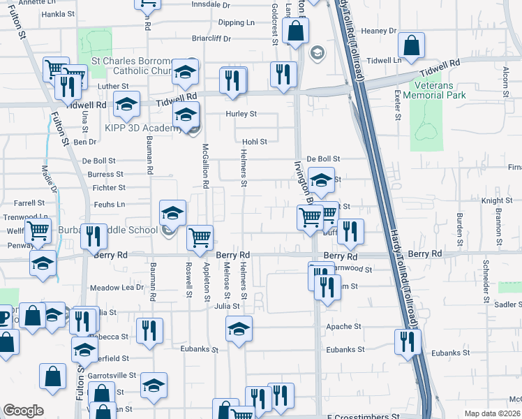 map of restaurants, bars, coffee shops, grocery stores, and more near 714 Doverside Street in Houston