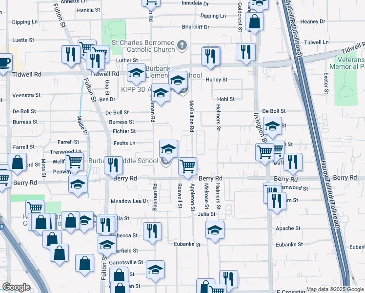 map of restaurants, bars, coffee shops, grocery stores, and more near 8623 McGallion Road in Houston